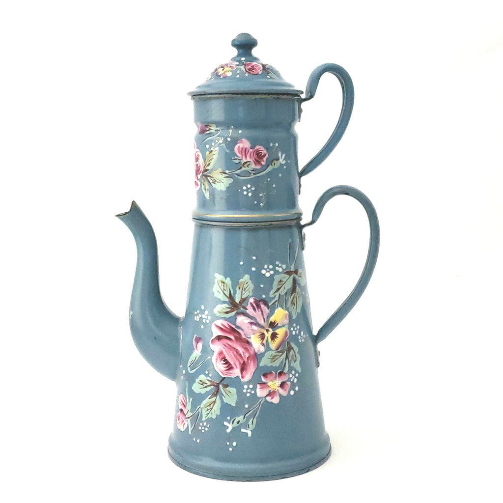Antique French Blue Decorated Enamel Biggin Drip Coffee Pot 12 1/2" Roses and Pansies