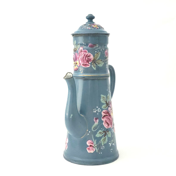 Antique French Blue Decorated Enamel Biggin Drip Coffee Pot 12 1/2"