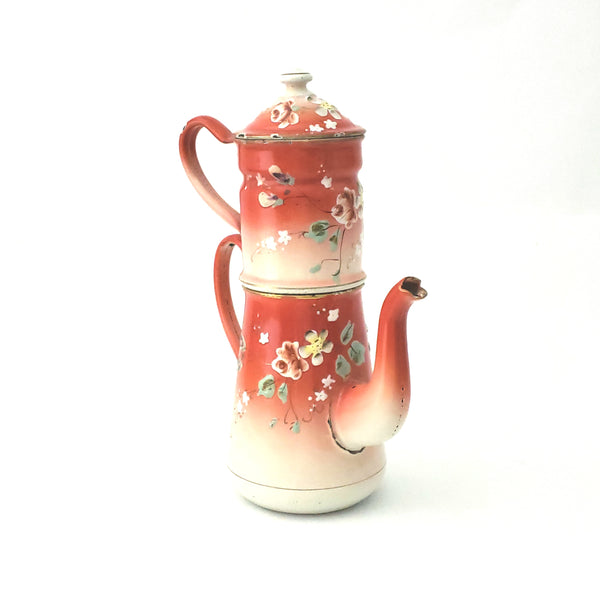 Antique French Enamel Biggin Drip Coffee Pot, Orange-Red with Pansies Decorated 9 1/2"