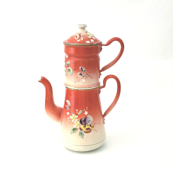 Antique French Enamel Biggin Drip Coffee Pot, Orange-Red with Pansies Decorated 9 1/2"