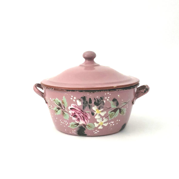 Antique French Pink Decorated Enamelware Sauce Pot with Lid, Double Handles