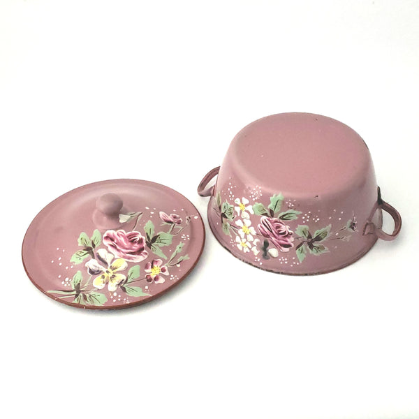Antique French Pink Decorated Enamelware Sauce Pot with Lid, Double Handles