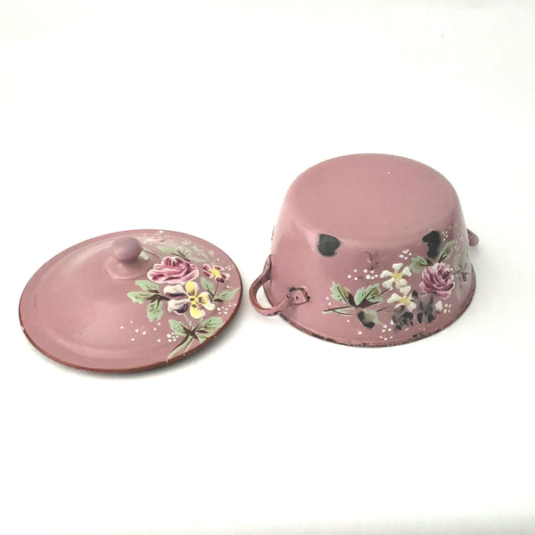 Antique French Pink Decorated Enamelware Sauce Pot with Lid, Double Handles