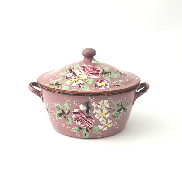 Antique French Pink Decorated Enamelware Sauce Pot with Lid, Double Handles