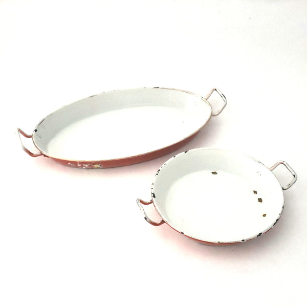 Antique French Enameled Orange-Red Small Serving Pans Birds Flowers Set of 2