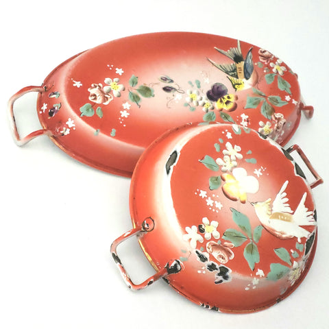 Antique French Enameled Orange-Red Small Serving Pans Birds Flowers Set of 2