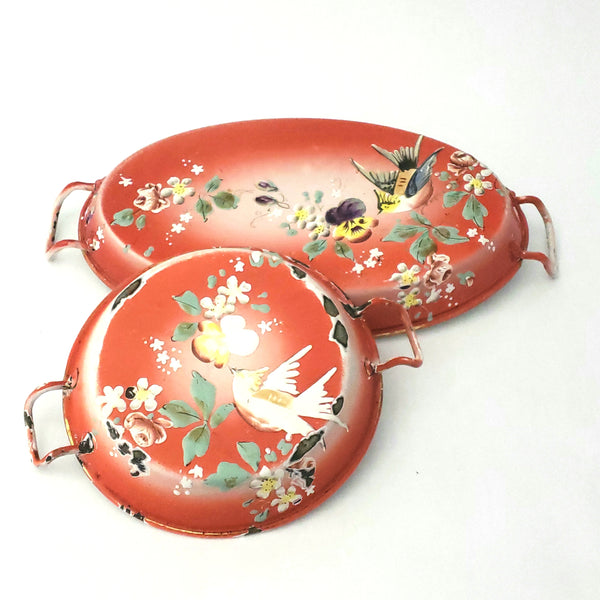 Antique French Enameled Orange-Red Small Serving Pans Birds Flowers Set of 2