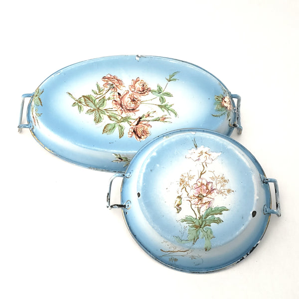 Antique French Enamel Light Blue Small Serving Pans Flowers Set of 2, Shabby Chic