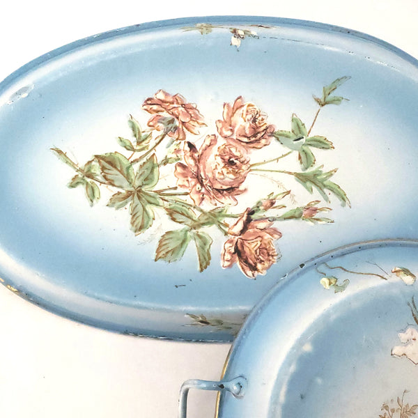 Antique French Enamel Light Blue Small Serving Pans Flowers Set of 2 Shabby Chic