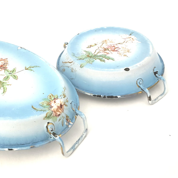 Antique French Enamel Light Blue Small Serving Pans Flowers Set of 2 Shabby Chic