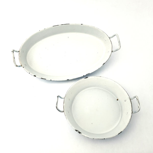 Antique French Enamel Light Blue Small Serving Pans Flowers Set of 2 Shabby Chic