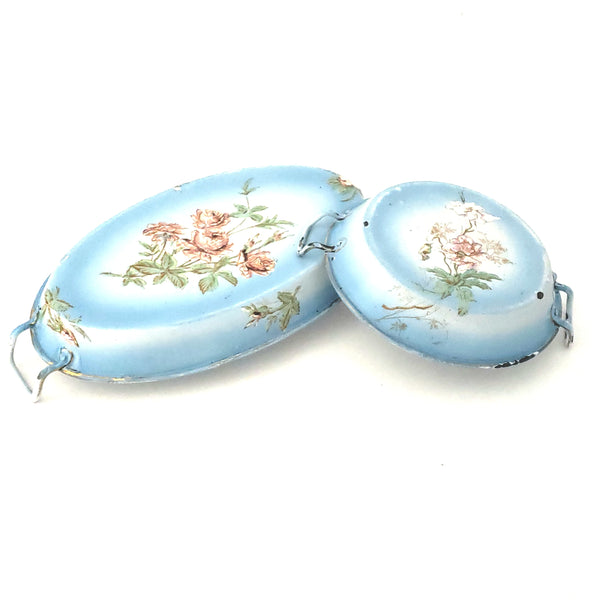 Antique French Enamel Light Blue Small Serving Pans Flowers Set of 2 Shabby Chic