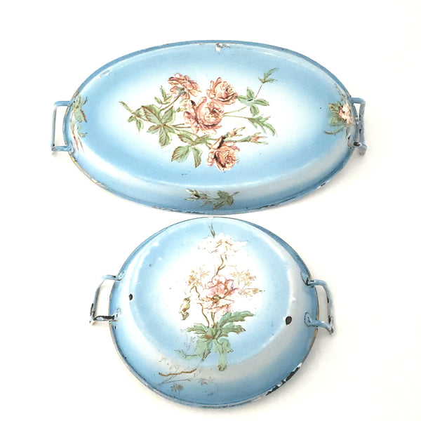 Antique French Enamel Light Blue Small Serving Pans Flowers Set of 2 Shabby Chic
