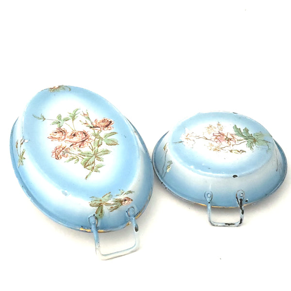 Antique French Enamel Light Blue Small Serving Pans Flowers Set of 2 Shabby Chic