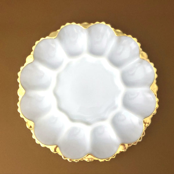 White Milk Glass with Gold Trim, Egg Tray & Divided Appetizer Dish by Anchor Hocking