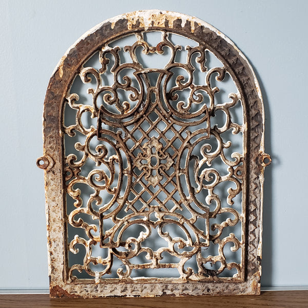 Antique Cast Iron Grate Grille Geometric and Scrolls 12 x 16 Arch Architectural Salvage