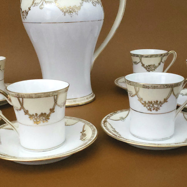 Antique Nippon Chocolate Pot Set with 6 Demitasse Cups and Saucers Gold Floral Swag