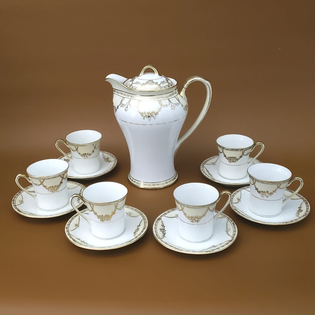 Antique Nippon Chocolate Pot Set with 6  Cups and Saucers Gold Floral Swag