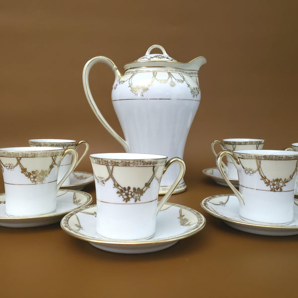 Antique Nippon Chocolate Pot Set with 6 Demitasse Cups and Saucers Gold Floral Swag