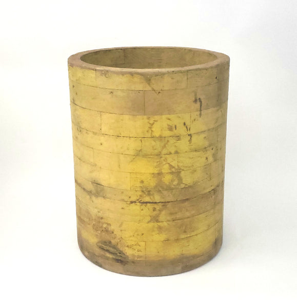 Antique Country Primitive Large Wooden Bucket, 15" Tall Cylinder Older Yellow Paint