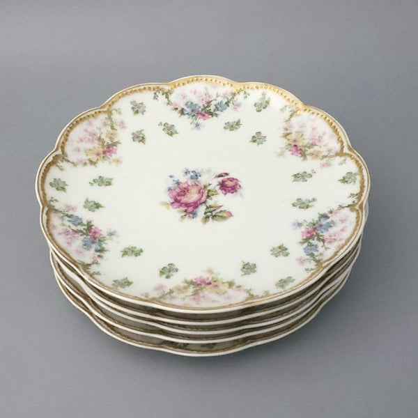 Antique Salad Plates Set of 5 Scalloped, Floral, Beaded Trim by Haviland Limoges, France