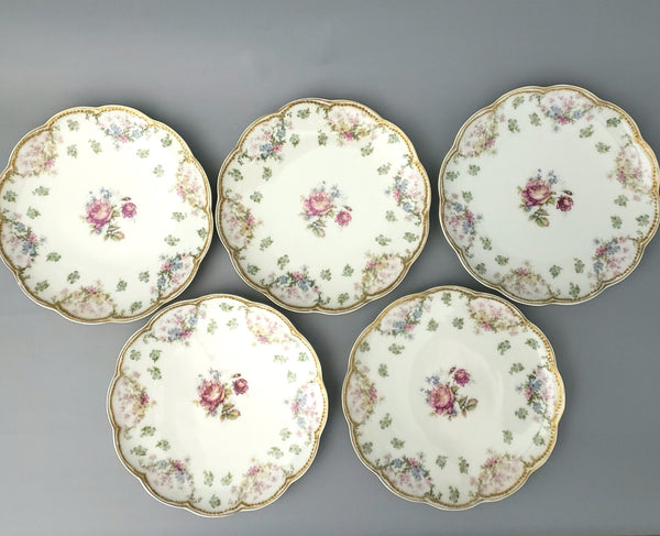 Antique Salad Plates Set of 5 Scalloped, Floral, Beaded Trim by Haviland Limoges, France