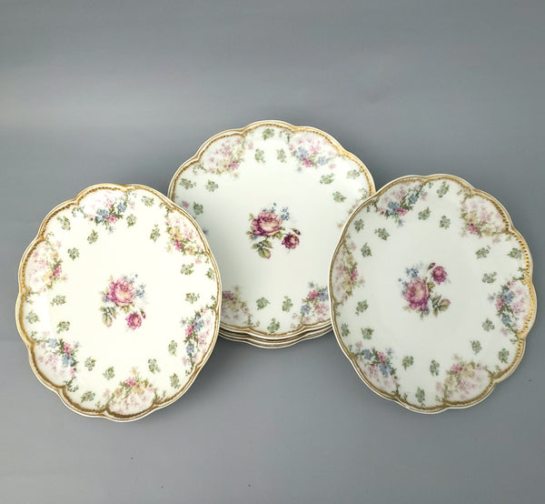 Antique Salad Plates Set of 5 Scalloped, Floral, Beaded Trim by Haviland Limoges, France