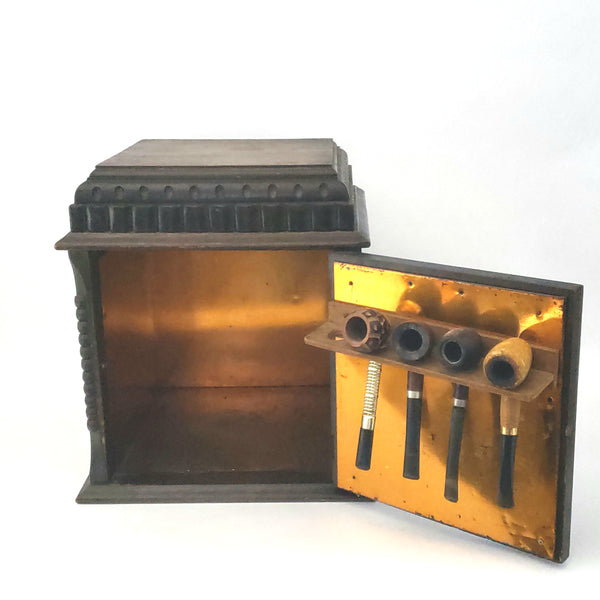 Antique Wooden Humidor Cabinet with Copper Lining, Pipe Holder Rack and 3 Pipes