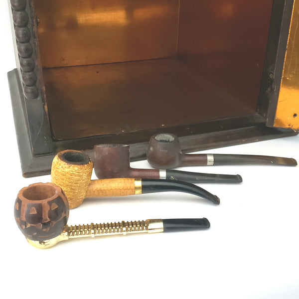 Antique Wooden Humidor Cabinet with Copper Lining, Pipe Holder Rack and 3 Pipes