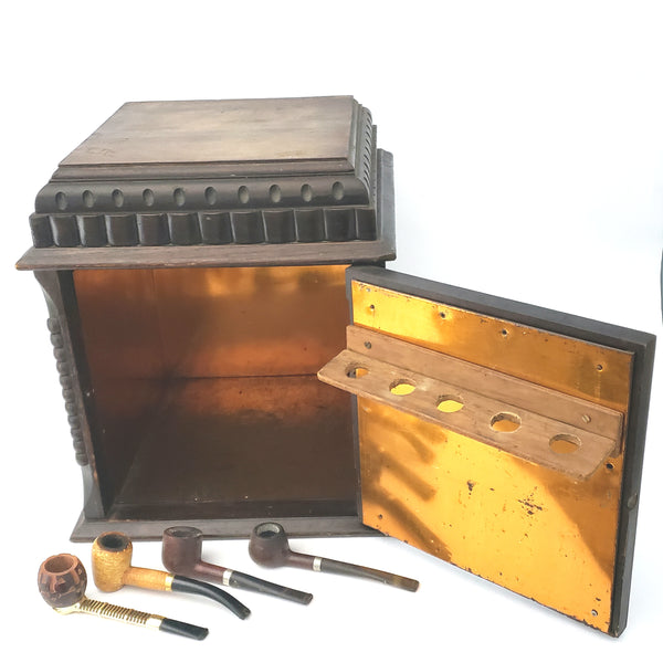 Antique Wooden Humidor Cabinet with Copper Lining, Pipe Holder Rack and 3 Pipes