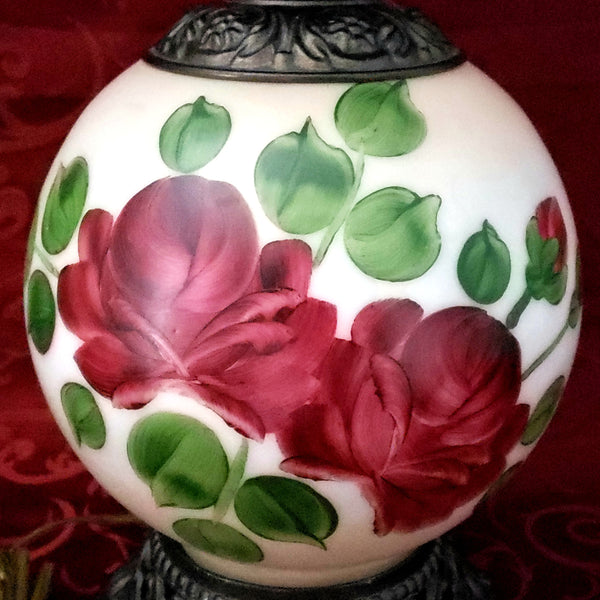 Hand Painted "Gone With The Wind" Electrified Parlor Lamp Burgundy Roses 22"