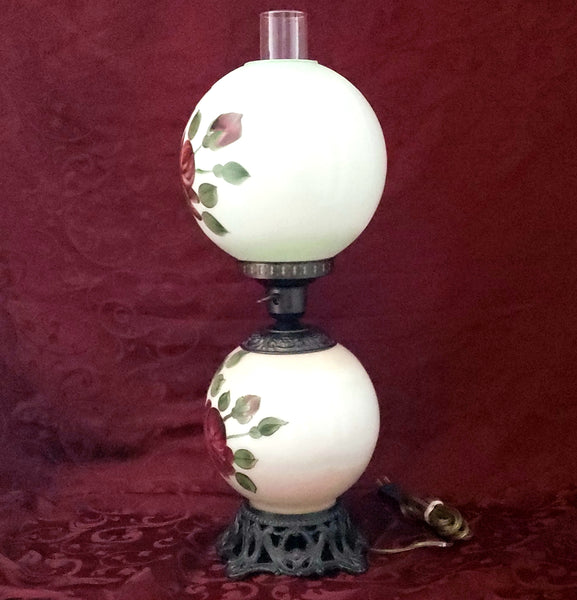 Hand Painted "Gone With The Wind" Electrified Parlor Lamp Burgundy Roses 22"