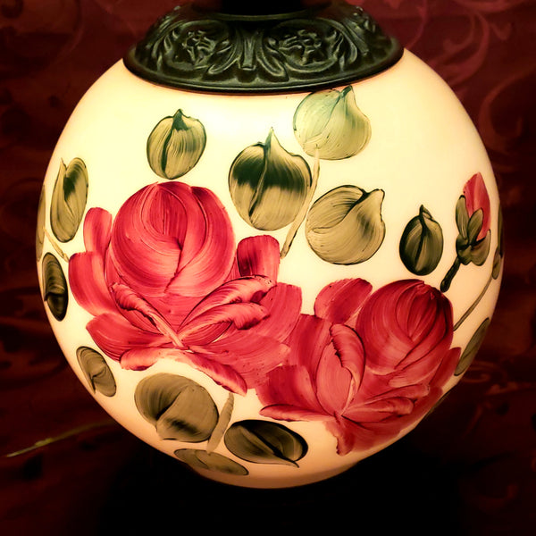 Hand Painted "Gone With The Wind" Electrified Parlor Lamp Burgundy Roses 22"