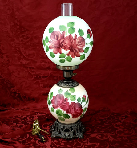Hand Painted "Gone With The Wind" Electrified Parlor Lamp Burgundy Roses 22"