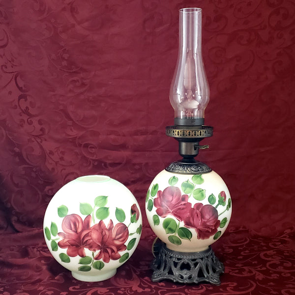 Hand Painted "Gone With The Wind" Electrified Parlor Lamp Burgundy Roses 22"