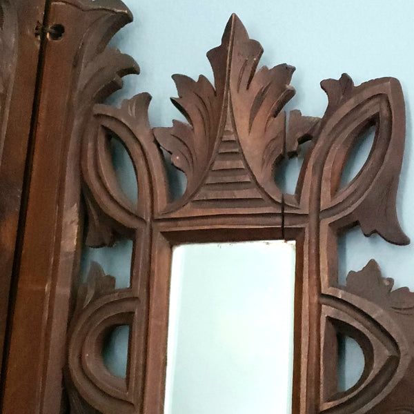 Vintage Carved Wood Corner Shelf Collapsible Hinged with Mirrors