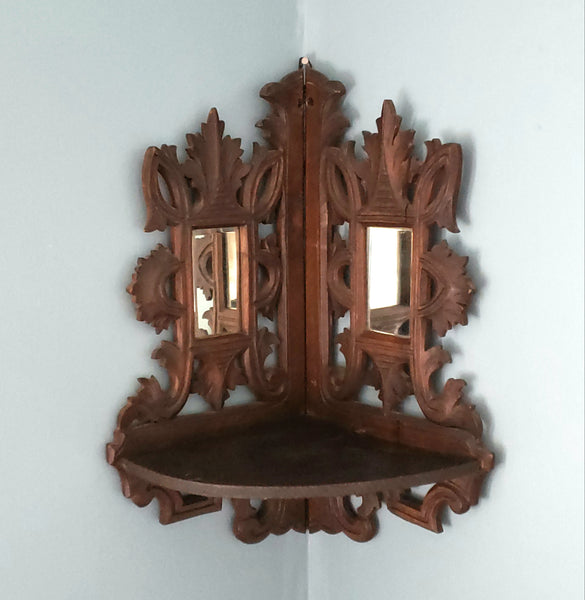 Vintage Carved Wood Corner Shelf Collapsible Hinged with Mirrors
