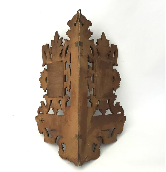Vintage Carved Wood Corner Shelf Collapsible Hinged with Mirrors