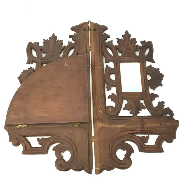 Vintage Carved Wood Corner Shelf Collapsible Hinged with Mirrors