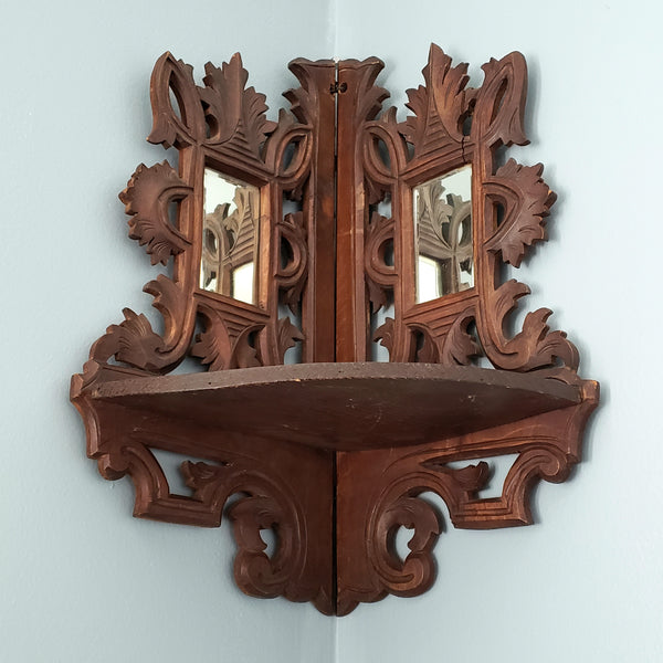Vintage Carved Wood Corner Shelf Collapsible Hinged with Mirrors