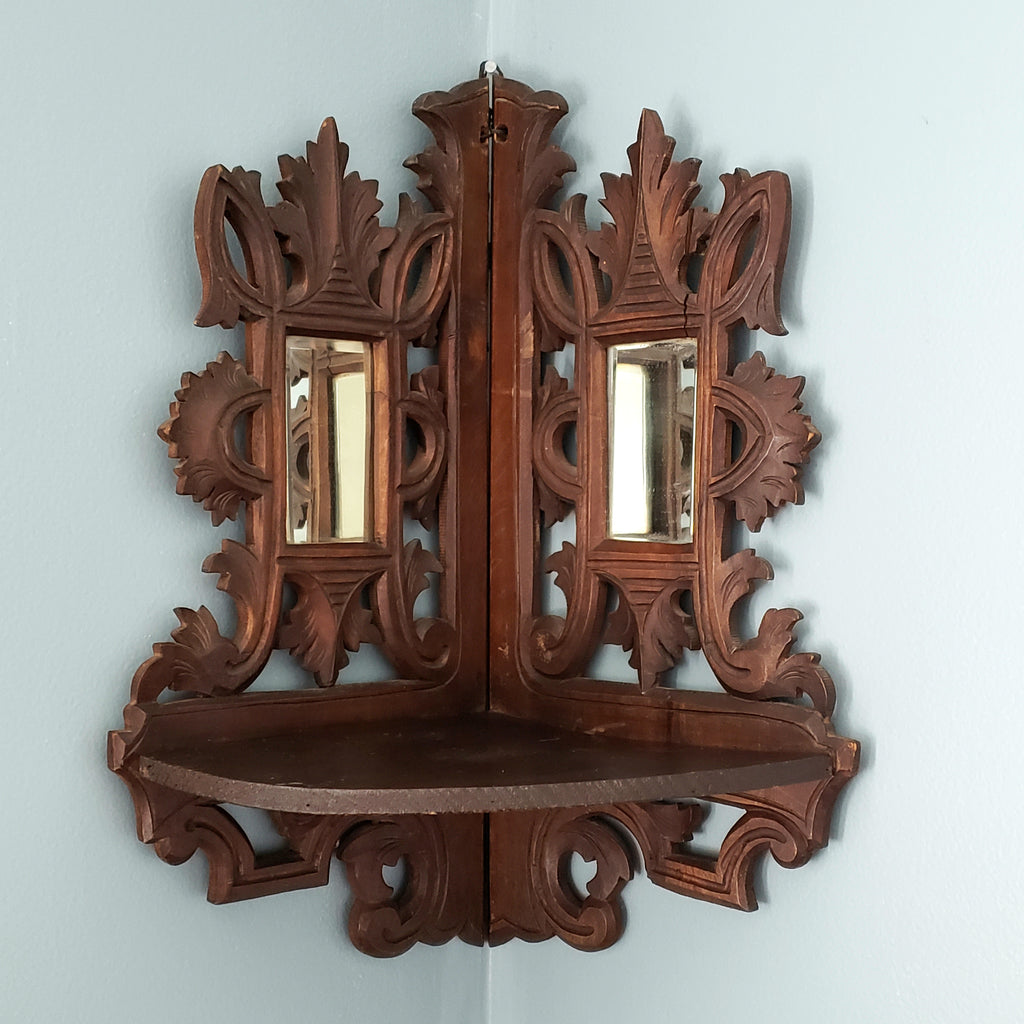 Vintage Carved Wood Corner Shelf Collapsible Hinged with Mirrors