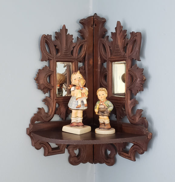 Vintage Carved Wood Corner Shelf Collapsible Hinged with Mirrors