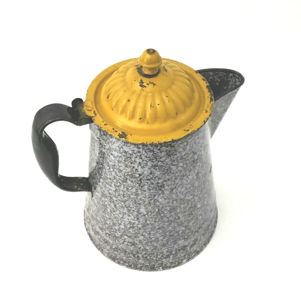 Antique Graniteware Brown Enameled Coffee Pot w/ Painted Mustard Yellow Hinged Lid
