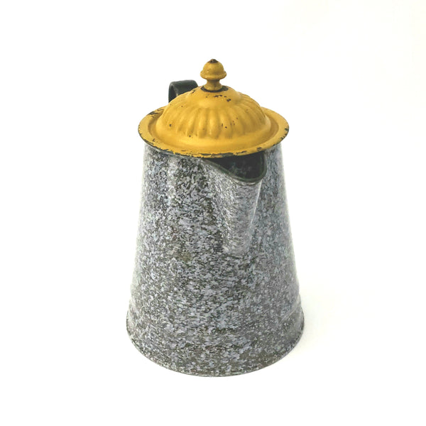 Antique Graniteware Brown Enameled Coffee Pot w/ Painted Mustard Yellow Hinged Lid