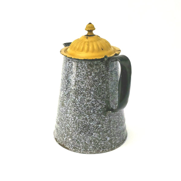 Antique Graniteware Brown Enameled Coffee Pot w/ Painted Mustard Yellow Hinged Lid