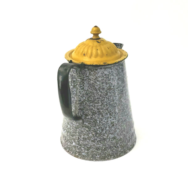 Antique Graniteware Brown Enameled Coffee Pot w/ Painted Mustard Yellow Hinged Lid