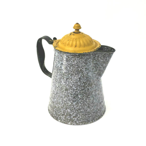 Antique Graniteware Brown Enameled Coffee Pot w/ Painted Mustard Yellow Hinged Lid