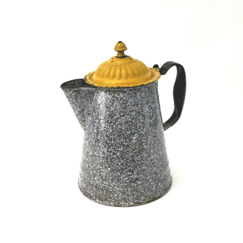 Antique Graniteware Black Enameled Coffee Pot w/ Painted Mustard Yellow Lid