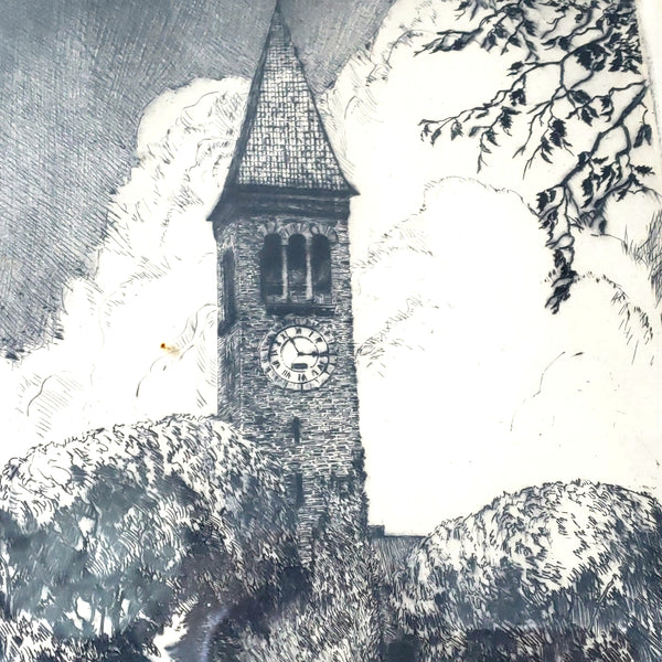 John McGrath Framed Pencil Etching of Cornell University McGraw Library Tower