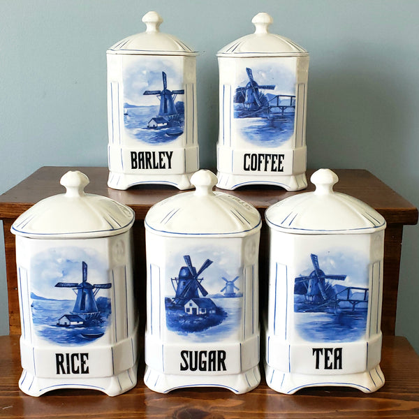 Antique Nautical Blue and White Kitchen Canister Set Windmill Czecho-Slovakia Sanft